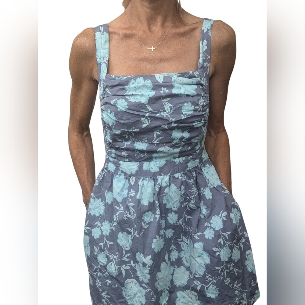 Free People Floral Open Back Mini Dress Blue Ruched Size S - Picture 7 of 12